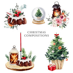 Watercolor winter and christmas composition with chocolate cake, Christmas tree, lights and snowy ball