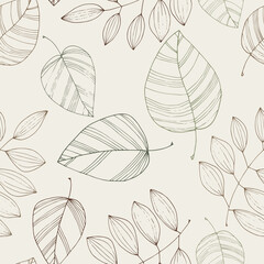 Delicate, calm pattern of striped leaves on a light background. Seamless pattern.