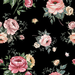 Abstract floral seamless print vintage beautiful drawn bouquets. 
