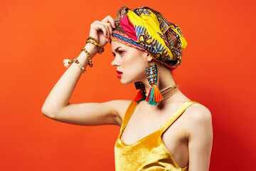 cheerful woman ethnicity multicolored headscarf makeup glamor Studio Model