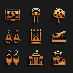 Set Sagrada Familia, Prado museum, Bullfight, matador, Spanish jamon, Earrings, Orange tree and Picture art icon. Vector