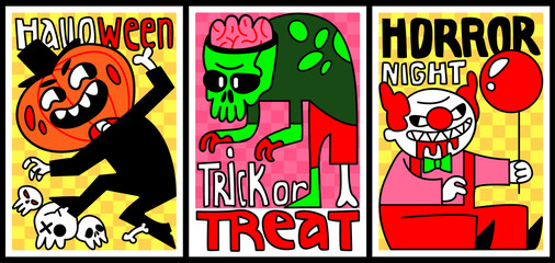 Set of funny and psychedelic Halloween posters with monsters. Pumpkin head, zombie, clown. Trick or treat. Horror night. Flat vector illustration.