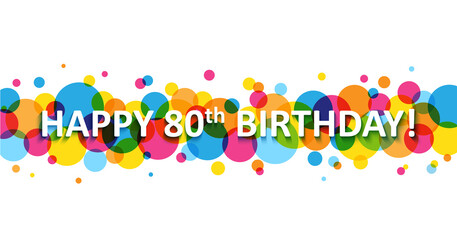 HAPPY 80th BIRTHDAY! typography banner on colorful vector circles on white background
