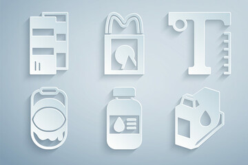 Set Printer ink bottle, Text, Paint bucket, cartridge, Paper shopping bag and Pantone icon. Vector