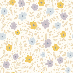 Seamless simple floral pattern in pastel blue, lilac, yellow and beige colors