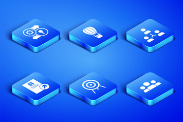 Set Users group, Human resources, Target, Job promotion, Hot air balloon and Project team base icon. Vector