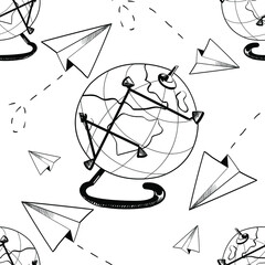 Seamless pattern in the form of an outline with the image of the globe and paper airplanes. For fabric, paper, printing.