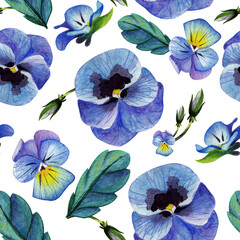Romantic watercolor pattern garden violets (pansies) of blue and yellow colors on a white background. For festive decor, packaging, textiles.