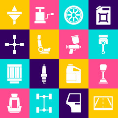 Set Gps device with map, Gear shifter, Engine piston, Car wheel, seat, Wheel wrench, Funnel and oil drop and Paint spray gun icon. Vector