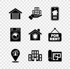 Set Garage, Skyscraper, Online real estate house, Location with, House, plan, Washer and shield icon. Vector