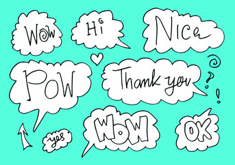 Hand drawn set of speech bubbles with handwritten short phrases  wow,nice,hello,pow,thank you,ok,hi on blue background.