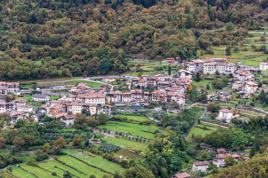Aerial view of Canale di Tenno village in Italy