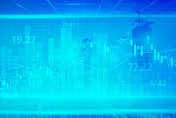Stock market digital graph chart on LED display concept. A large display of daily stock market price and quotation. Indicator financial with buildings background