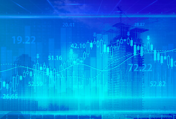Stock market digital graph chart on LED display concept. A large display of daily stock market price and quotation. Indicator financial with buildings background