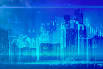 Stock market digital graph chart on LED display concept. A large display of daily stock market price and quotation. Indicator financial with buildings background