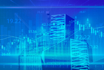Stock market digital graph chart on LED display concept. A large display of daily stock market price and quotation. Indicator financial with buildings background