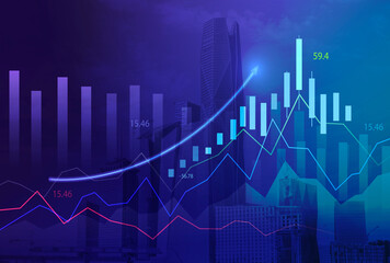 Stock market digital graph chart on LED display concept. A large display of daily stock market price and quotation. Indicator financial with buildings background