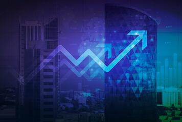 Stock market digital graph chart on LED display concept. A large display of daily stock market price and quotation. Indicator financial with buildings background