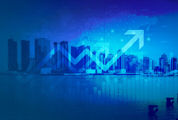 Stock market digital graph chart on LED display concept. A large display of daily stock market price and quotation. Indicator financial with buildings background