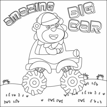 Vector illustration of monster truck with cute animal driver. Cartoon isolated vector illustration, Creative vector Childish design for kids activity colouring book or page.