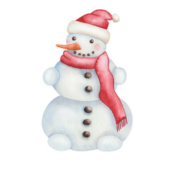 Watercolor illustration hand painted snowman with red hat and scarf isolated on white. Cartoon clip art snow character for holiday celebration New Year, Christmas design postcard, greetings, fabric