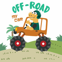 Vector illustration of dinosaurs riding monster truck with cartoon style. Can be used for t-shirt print, kids wear, invitation card. fabric, textile, nursery wallpaper, poster and other decoration. © Hijaznahwani
