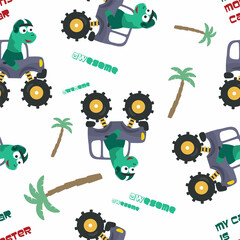 Seamless pattern of dinosaurs riding monster truck with cartoon style. Creative vector childish background for fabric textile, nursery background, baby clothes, wrapping paper and other decoration © Hijaznahwani