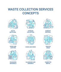 Fototapeta na wymiar Waste collection services blue concept icons set. Recycling and disposal idea thin line color illustrations. Garbage collection. Trash types. Vector isolated outline drawings. Editable stroke