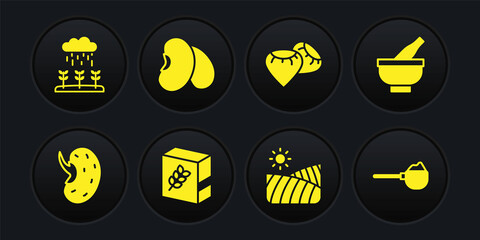 Set Seed, Mortar and pestle, Flour pack, Agriculture wheat field, Beans, Measuring cup with flour and Plant sprouts grow the rain icon. Vector