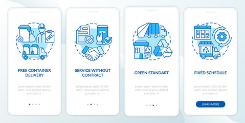 Fototapeta na wymiar Waste collection service offers blue onboarding mobile app page screen. Walkthrough 4 steps graphic instructions with concepts. UI, UX, GUI vector template with linear color illustrations