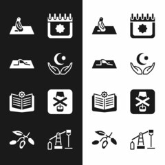 Set Star and crescent, Muslim man prays, Ramadan calendar, Holy book of Koran, No alcohol, Oil pump pump jack and Date fruit icon. Vector