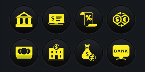 Set Stacks paper money cash, Money exchange, Bank building, bag, Finance document, Laptop with dollar, and icon. Vector