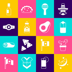 Set Sliced lime, Cactus or succulent in pot, Burrito, Maracas, Tequila bottle, Wrestling championship belt, Tabasco sauce and Avocado fruit icon. Vector