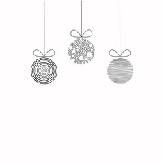 Modern banner with hanging Christmas ball of linear black circles handwritten isolated on a white background. Holiday Vector illustration	