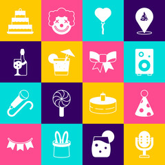 Set Microphone, Party hat, Stereo speaker, Balloons in form of heart, Cocktail, Champagne bottle, Cake with burning candles and Gift bow icon. Vector