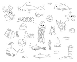 A large set of sea creatures and elements, icons. Marine theme drawn by contour, octopus, fish. a lifeline on the theme of the sea. Oceanic set for postcards, coloring books, Vector illustration