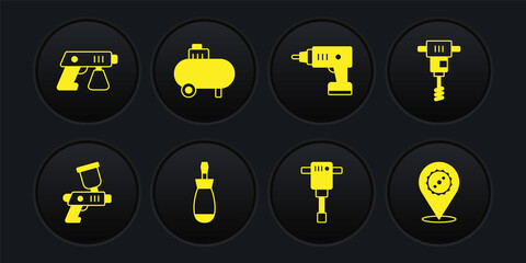 Set Paint spray gun, Electrical hand concrete mixer, Screwdriver, Construction jackhammer, cordless screwdriver, Air compressor, Circular saw blade and icon. Vector
