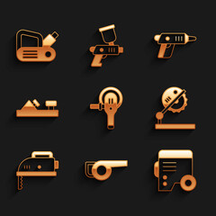 Set Angle grinder, Leaf garden blower, Power electric generator, Table saw for woodwork, Electric jigsaw, Wood plane tool, cordless screwdriver and planer icon. Vector