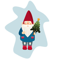 Little garden gnome holding Christmas tree. Cartoon vector clipart. 