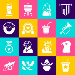 Set Paper glass with straw, Eagle head, Trumpet, Benjamin Franklin, Medal star, Donut, Stage stand or tribune and Beer pong game icon. Vector