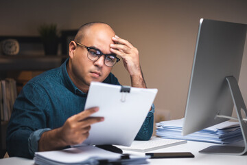 Young asian business freelancer working at late night. He was very busy checking paperwork and had...