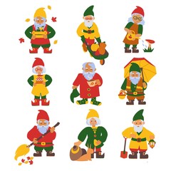Set of cute little autumns gnomes. Isolated characters on a white background.
