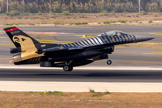 Luqa, Malta - September 24, 2021: Turkish Air Force General Dynamics F-16C Fighting Falcon Solo Turk (REG: 88-0032) taking off for a practice display.