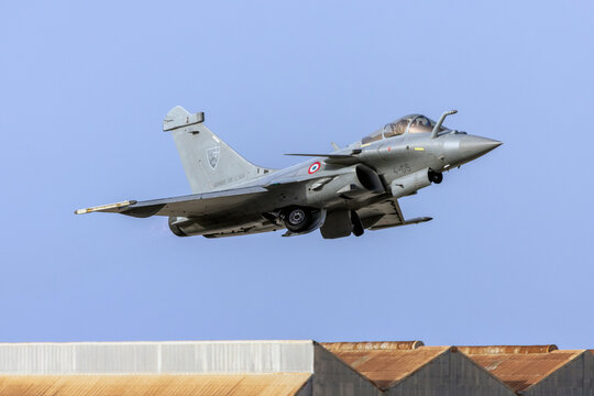 Luqa, Malta - September 26, 2021: French Air force Dassault Rafale C (REG: 140) taking off from runway 13 to display over St Paul's Bay.