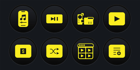 Set Stop media button, Play, Arrow shuffle, Music playlist, Cinema camera, Pause, Add and player icon. Vector