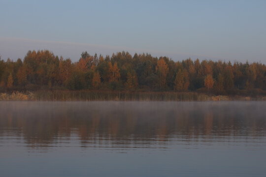 Autumn landscape with beautiful yellow orange forest by the lake in the fog in the early morning