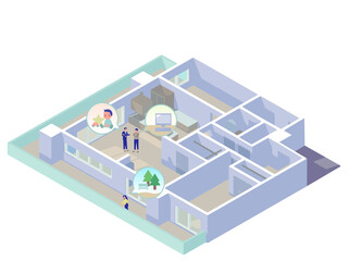 アイソメトリックなマンションの内見をする若い男女のイラスト