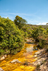 Fototapeta na wymiar River with clear green water, at the top of Lagoa Azul waterfall, Capitolio, Minas Gerais, Brazil
