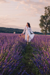 gorgeous woman in white dress at lavender field