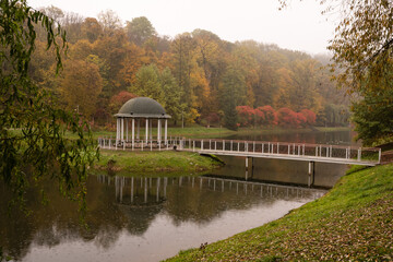 Fototapeta na wymiar beautiful autumn park at fog weather